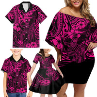 Hawaii King Kamehameha Family Matching Off Shoulder Short Dress and Hawaiian Shirt Polynesian Pattern Pink Version - Wonder Print Shop