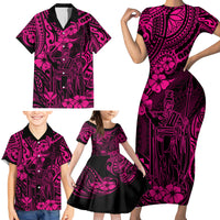 Hawaii King Kamehameha Family Matching Short Sleeve Bodycon Dress and Hawaiian Shirt Polynesian Pattern Pink Version - Wonder Print Shop