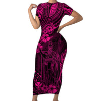 Hawaii King Kamehameha Family Matching Short Sleeve Bodycon Dress and Hawaiian Shirt Polynesian Pattern Pink Version - Wonder Print Shop