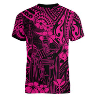 Hawaii King Kamehameha Women V Neck T Shirt Polynesian Pattern Pink Version - Wonder Print Shop