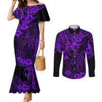 hawaii-king-kamehameha-couples-matching-mermaid-dress-and-long-sleeve-button-shirts-polynesian-pattern-purple-version
