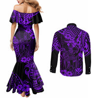 hawaii-king-kamehameha-couples-matching-mermaid-dress-and-long-sleeve-button-shirts-polynesian-pattern-purple-version