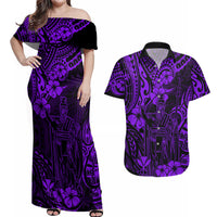 Hawaii King Kamehameha Couples Matching Off Shoulder Maxi Dress and Hawaiian Shirt Polynesian Pattern Purple Version - Wonder Print Shop
