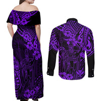 Hawaii King Kamehameha Couples Matching Off Shoulder Maxi Dress and Long Sleeve Button Shirts Polynesian Pattern Purple Version - Wonder Print Shop