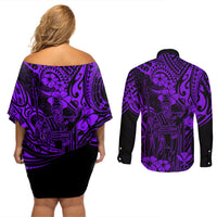 Hawaii King Kamehameha Couples Matching Off Shoulder Short Dress and Long Sleeve Button Shirts Polynesian Pattern Purple Version - Wonder Print Shop