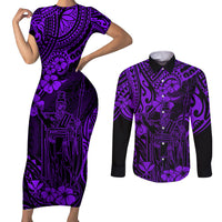 Hawaii King Kamehameha Couples Matching Short Sleeve Bodycon Dress and Long Sleeve Button Shirts Polynesian Pattern Purple Version - Wonder Print Shop