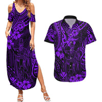 Hawaii King Kamehameha Couples Matching Summer Maxi Dress and Hawaiian Shirt Polynesian Pattern Purple Version - Wonder Print Shop