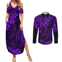 Hawaii King Kamehameha Couples Matching Summer Maxi Dress and Long Sleeve Button Shirts Polynesian Pattern Purple Version - Wonder Print Shop