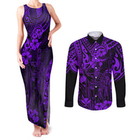 Hawaii King Kamehameha Couples Matching Tank Maxi Dress and Long Sleeve Button Shirts Polynesian Pattern Purple Version - Wonder Print Shop