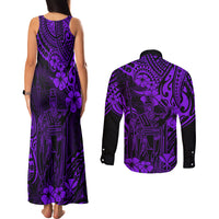 Hawaii King Kamehameha Couples Matching Tank Maxi Dress and Long Sleeve Button Shirts Polynesian Pattern Purple Version - Wonder Print Shop