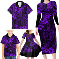 Hawaii King Kamehameha Family Matching Long Sleeve Bodycon Dress and Hawaiian Shirt Polynesian Pattern Purple Version - Wonder Print Shop