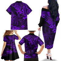 Hawaii King Kamehameha Family Matching Off Shoulder Long Sleeve Dress and Hawaiian Shirt Polynesian Pattern Purple Version - Wonder Print Shop