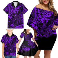 Hawaii King Kamehameha Family Matching Off Shoulder Short Dress and Hawaiian Shirt Polynesian Pattern Purple Version - Wonder Print Shop