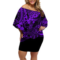 Hawaii King Kamehameha Family Matching Off Shoulder Short Dress and Hawaiian Shirt Polynesian Pattern Purple Version - Wonder Print Shop