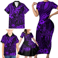 Hawaii King Kamehameha Family Matching Short Sleeve Bodycon Dress and Hawaiian Shirt Polynesian Pattern Purple Version - Wonder Print Shop