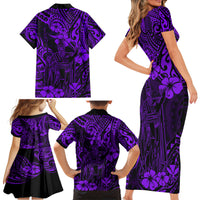 Hawaii King Kamehameha Family Matching Short Sleeve Bodycon Dress and Hawaiian Shirt Polynesian Pattern Purple Version - Wonder Print Shop