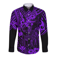 Hawaii King Kamehameha Long Sleeve Button Shirt Polynesian Pattern Purple Version - Wonder Print Shop