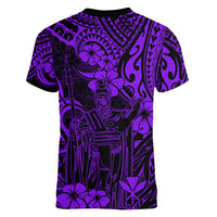 Hawaii King Kamehameha Women V Neck T Shirt Polynesian Pattern Purple Version - Wonder Print Shop