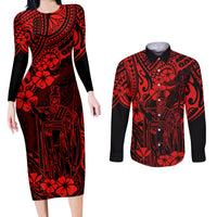 Hawaii King Kamehameha Couples Matching Long Sleeve Bodycon Dress and Long Sleeve Button Shirts Polynesian Pattern Red Version - Wonder Print Shop