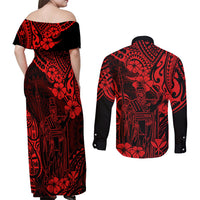 Hawaii King Kamehameha Couples Matching Off Shoulder Maxi Dress and Long Sleeve Button Shirts Polynesian Pattern Red Version - Wonder Print Shop