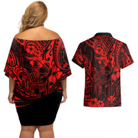 Hawaii King Kamehameha Couples Matching Off Shoulder Short Dress and Hawaiian Shirt Polynesian Pattern Red Version - Wonder Print Shop