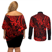 Hawaii King Kamehameha Couples Matching Off Shoulder Short Dress and Long Sleeve Button Shirts Polynesian Pattern Red Version - Wonder Print Shop