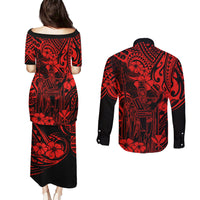 Hawaii King Kamehameha Couples Matching Puletasi Dress and Long Sleeve Button Shirts Polynesian Pattern Red Version - Wonder Print Shop