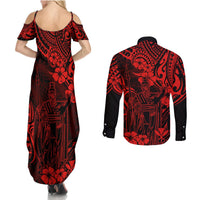 Hawaii King Kamehameha Couples Matching Summer Maxi Dress and Long Sleeve Button Shirts Polynesian Pattern Red Version - Wonder Print Shop