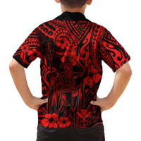 Hawaii King Kamehameha Family Matching Off Shoulder Long Sleeve Dress and Hawaiian Shirt Polynesian Pattern Red Version - Wonder Print Shop