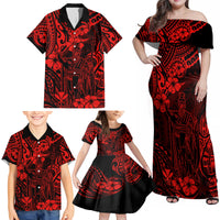 Hawaii King Kamehameha Family Matching Off Shoulder Maxi Dress and Hawaiian Shirt Polynesian Pattern Red Version - Wonder Print Shop
