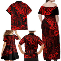Hawaii King Kamehameha Family Matching Off Shoulder Maxi Dress and Hawaiian Shirt Polynesian Pattern Red Version - Wonder Print Shop