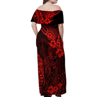 Hawaii King Kamehameha Family Matching Off Shoulder Maxi Dress and Hawaiian Shirt Polynesian Pattern Red Version - Wonder Print Shop