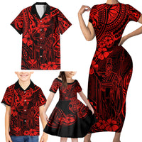 Hawaii King Kamehameha Family Matching Short Sleeve Bodycon Dress and Hawaiian Shirt Polynesian Pattern Red Version - Wonder Print Shop