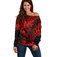 Hawaii King Kamehameha Off Shoulder Sweater Polynesian Pattern Red Version - Wonder Print Shop