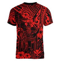 Hawaii King Kamehameha Women V Neck T Shirt Polynesian Pattern Red Version - Wonder Print Shop