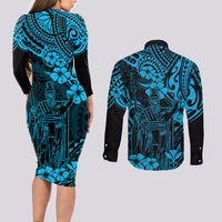 Hawaii King Kamehameha Couples Matching Long Sleeve Bodycon Dress and Long Sleeve Button Shirts Polynesian Pattern Sky Blue Version - Wonder Print Shop