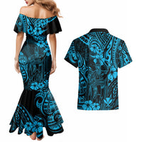 Hawaii King Kamehameha Couples Matching Mermaid Dress and Hawaiian Shirt Polynesian Pattern Sky Blue Version - Wonder Print Shop