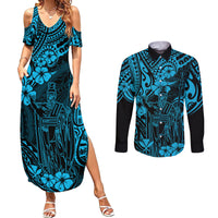Hawaii King Kamehameha Couples Matching Summer Maxi Dress and Long Sleeve Button Shirts Polynesian Pattern Sky Blue Version - Wonder Print Shop