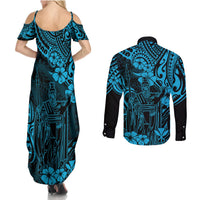 Hawaii King Kamehameha Couples Matching Summer Maxi Dress and Long Sleeve Button Shirts Polynesian Pattern Sky Blue Version - Wonder Print Shop