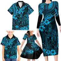 Hawaii King Kamehameha Family Matching Long Sleeve Bodycon Dress and Hawaiian Shirt Polynesian Pattern Sky Blue Version - Wonder Print Shop