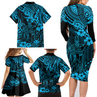 Hawaii King Kamehameha Family Matching Long Sleeve Bodycon Dress and Hawaiian Shirt Polynesian Pattern Sky Blue Version - Wonder Print Shop