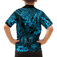 Hawaii King Kamehameha Family Matching Off Shoulder Long Sleeve Dress and Hawaiian Shirt Polynesian Pattern Sky Blue Version - Wonder Print Shop