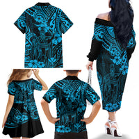 Hawaii King Kamehameha Family Matching Off Shoulder Long Sleeve Dress and Hawaiian Shirt Polynesian Pattern Sky Blue Version - Wonder Print Shop