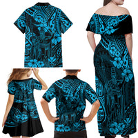 Hawaii King Kamehameha Family Matching Off Shoulder Maxi Dress and Hawaiian Shirt Polynesian Pattern Sky Blue Version - Wonder Print Shop
