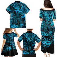 Hawaii King Kamehameha Family Matching Puletasi Dress and Hawaiian Shirt Polynesian Pattern Sky Blue Version - Wonder Print Shop