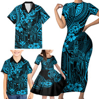 Hawaii King Kamehameha Family Matching Short Sleeve Bodycon Dress and Hawaiian Shirt Polynesian Pattern Sky Blue Version - Wonder Print Shop
