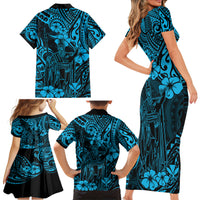 Hawaii King Kamehameha Family Matching Short Sleeve Bodycon Dress and Hawaiian Shirt Polynesian Pattern Sky Blue Version - Wonder Print Shop