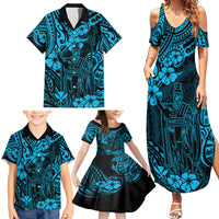 Hawaii King Kamehameha Family Matching Summer Maxi Dress and Hawaiian Shirt Polynesian Pattern Sky Blue Version - Wonder Print Shop