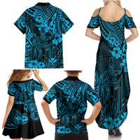 Hawaii King Kamehameha Family Matching Summer Maxi Dress and Hawaiian Shirt Polynesian Pattern Sky Blue Version - Wonder Print Shop