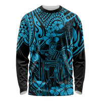Hawaii King Kamehameha Long Sleeve Shirt Polynesian Pattern Sky Blue Version - Wonder Print Shop